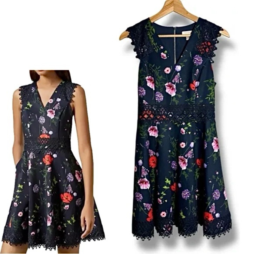 TED BAKER Hedgerow Floral V-Neck Fit & Flare Navy Blue Skater Dress